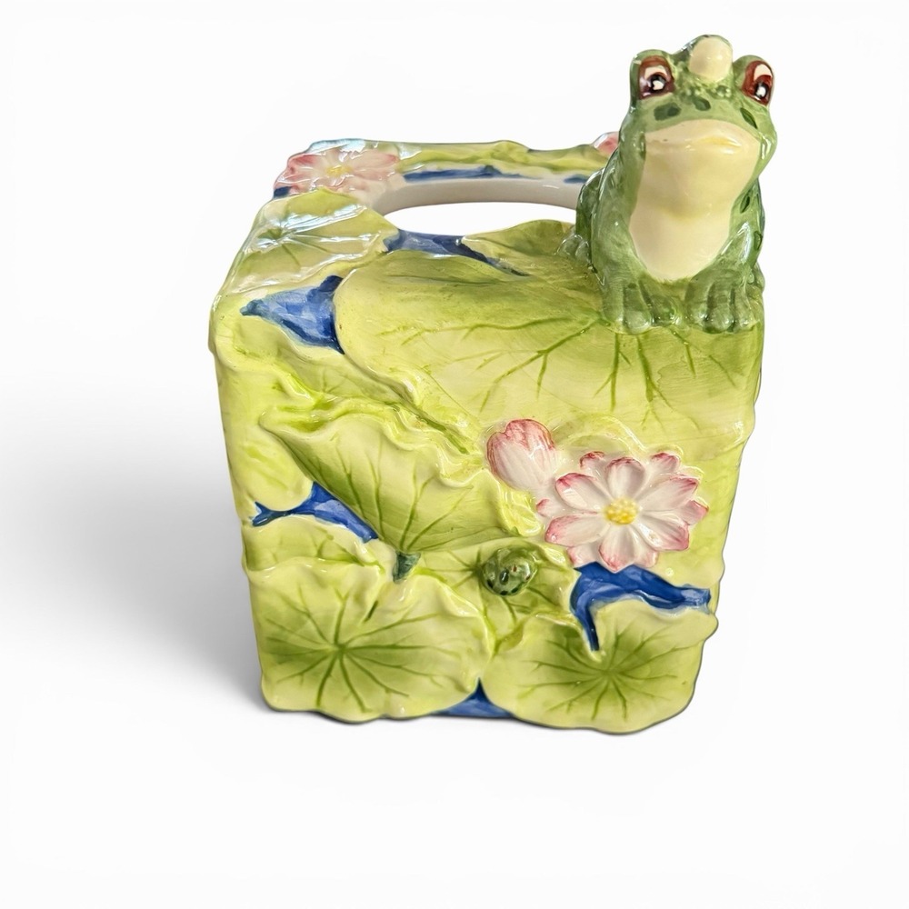 Vintage Ceramic Frog Tissue‎ Box Holder Handpainted Floral Kitschy Grandma Core